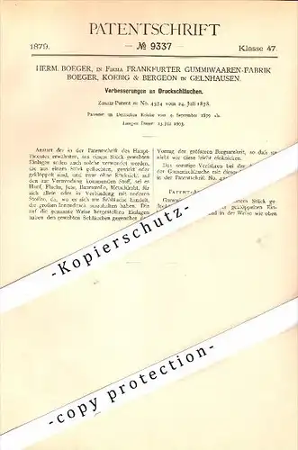 Original Patent - Gummiwaaren-Fabrik Boeger, Koebig & Bergeon in Gelnhausen , 1879 , Druckschläuche , Frankfurt !!!