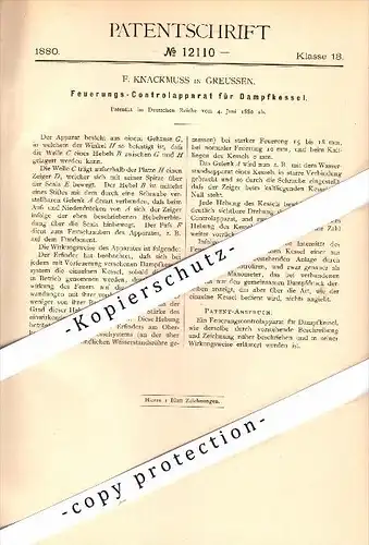 Original Patent - F. Knackmuss in Greußen i. Thüringen , 1880 , Apparat für Dampfkessel !!!