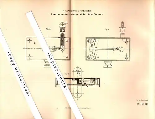 Original Patent - F. Knackmuss in Greußen i. Thüringen , 1880 , Apparat für Dampfkessel !!!
