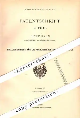 Original Patent - P. Rahn in Riedisheim , 1880 , Dispositif pour le chauffage à la vapeur , chemin de fer !!!