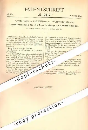 Original Patent - P. Rahn in Riedisheim , 1880 , Dispositif pour le chauffage à la vapeur , chemin de fer !!!