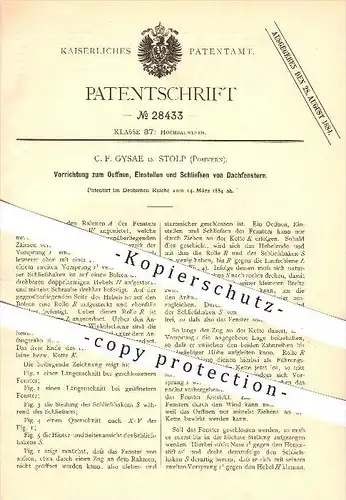 original Patent - C. F. Gysae in Stolp , Pommern , 1884 , Öffnen u. Schließen von Dachfenstern , Fenster , Fensterbau !!