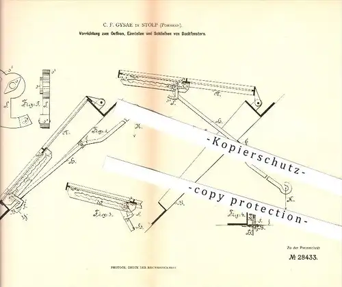 original Patent - C. F. Gysae in Stolp , Pommern , 1884 , Öffnen u. Schließen von Dachfenstern , Fenster , Fensterbau !!