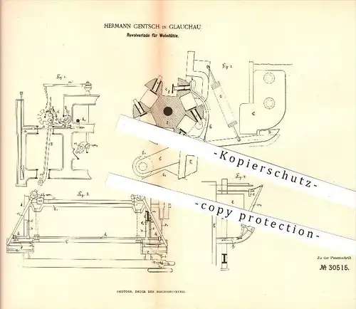 original Patent - Hermann Gentsch in Glauchau , 1884 , Revolverlade für Webstühle , Weben , Weberei , Weber !!!