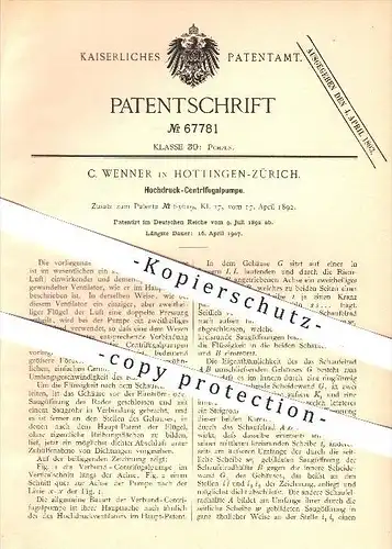 original Patent - C. Wenner in Hottingen-Zürich , 1892 , Hochdruck - Zentrifugalpumpe , Pumpe , Pumpen !!!
