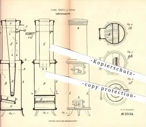 original Patent - Carl Veith in Wien , 1883 , Lufterhitzungsofen , Ofen , Öfen , Ofenbau , Ofenbauer , Heizung !!!