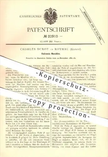 original Patent - Charles Durot à Rothau , 1882 , machine tournante , pompe !!!