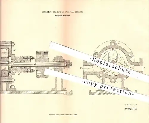 original Patent - Charles Durot à Rothau , 1882 , machine tournante , pompe !!!