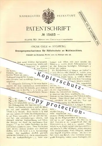 original Patent - Oscar Öxle in Augsburg , 1881 , Rüttelschuhe an Mahlmaschinen , Mühle , Mühlen , Mahlen , Mehl !!!