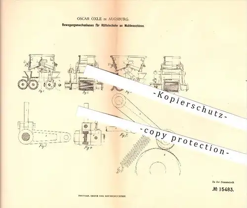 original Patent - Oscar Öxle in Augsburg , 1881 , Rüttelschuhe an Mahlmaschinen , Mühle , Mühlen , Mahlen , Mehl !!!