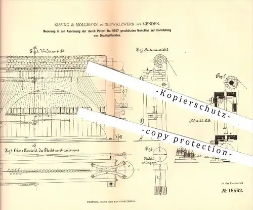 original Patent - Kissing & Möllmann in Neuwalzwerk bei Menden ,1880 , Herstellung von Drahtgeflechten , Draht , Zaun !!