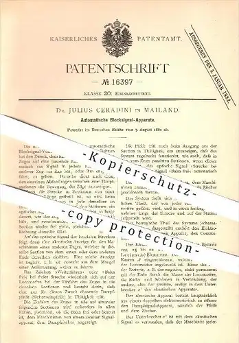 original Patent - Dr. Julius Ceradini in Mailand , 1880 , Automatische Blocksignal - Apparate , Eisenbahn , Signal !!!