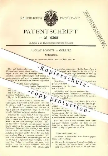 original Patent - August Bornitz in Görlitz , 1881 , Wetterschirm , Sonnenschirm , Schirm , Kleiderständer !!!