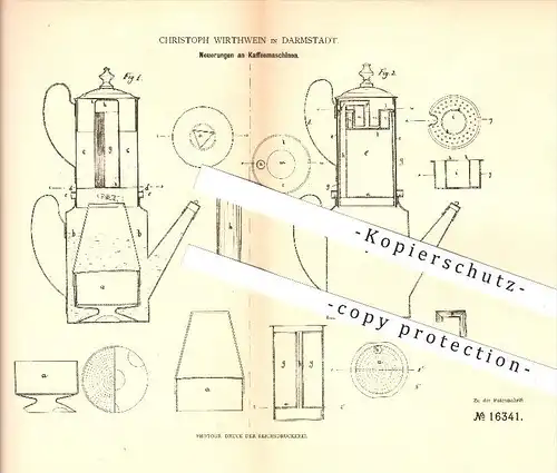 original Patent - Christoph Wirthwein in Darmstadt , 1880 , Kaffemaschine , Kaffee , Kaffeebohnen , Haushalt !!!