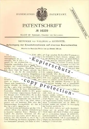 original Patent - Heusinger von Waldegg in Hannover , 1880 , Befestigung der Eisenbahnschienen , Eisenbahn , Schwellen !