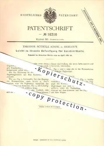 original Patent - Theodor Schmöle Söhne in Iserlohn , 1881 , Befestigung für Pferdegeschirr , Pferd , Pferde , Reiten !!