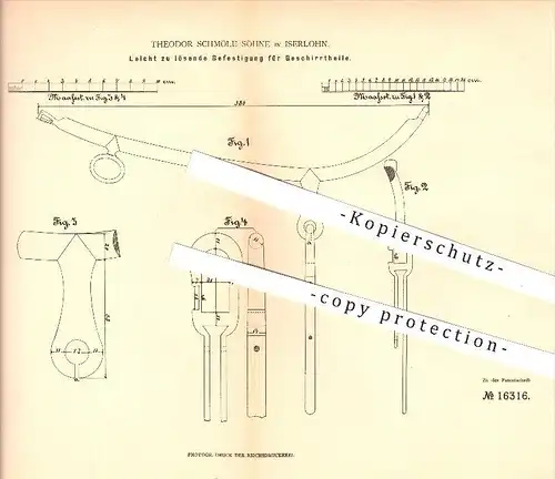 original Patent - Theodor Schmöle Söhne in Iserlohn , 1881 , Befestigung für Pferdegeschirr , Pferd , Pferde , Reiten !!