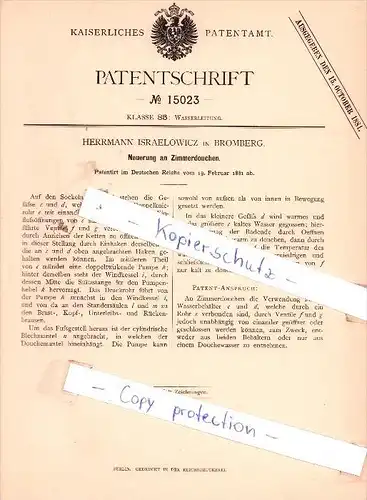 Original Patent - Herrmann Israelowicz in Bromberg , 1881 , Neuerung an Zimmerdouchen !!!