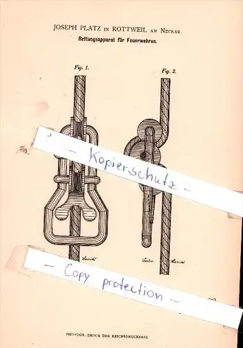 Original Patent - J. Platz in Rottweil am Neckar , 1880 ,  Rettungsapparat für Feuerwehren  , Feuerwehr !!!