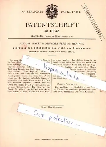 Original Patent - A. Horst in Neuwalzwerk bei Menden , 1881 , Blankglühen der Stahl- und Eisenwaaren !!!