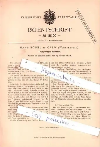 Original Patent - Hans Bögel in Calw , Württemberg , 1881 , Transportabler Fahrstuhl !!!