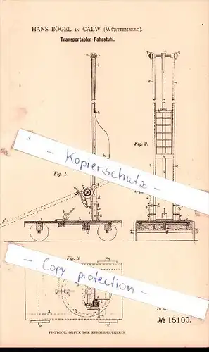 Original Patent - Hans Bögel in Calw , Württemberg , 1881 , Transportabler Fahrstuhl !!!