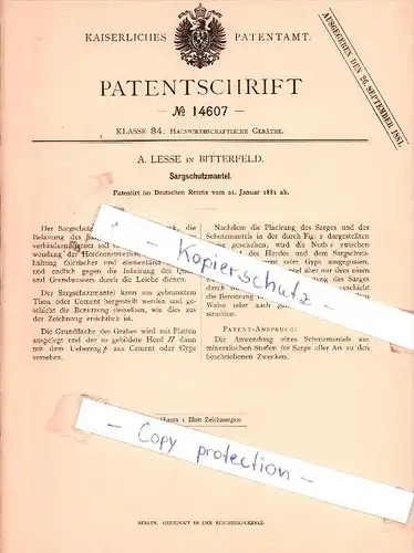 Original Patent - A. Lesse in Bitterfeld , 1881 , Sargschutzmantel , Sarg , Bestatter , Friedhof !!!