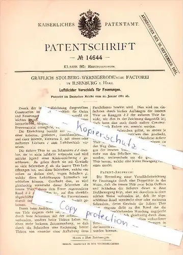 Original Patent - Gräflich Stolberg-Wernigerode`sche Factorei in Ilsenburg i. Harz , 1881 , !!!