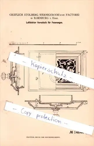 Original Patent - Gräflich Stolberg-Wernigerode`sche Factorei in Ilsenburg i. Harz , 1881 , !!!