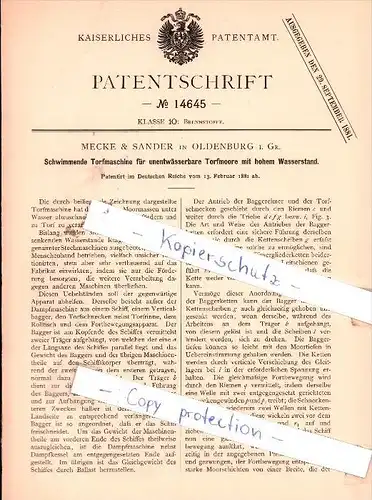 Original Patent - Mecke & Sander in Oldenburg i. Gr. , 1881 , Torfmaschine für Torfmoore !!!