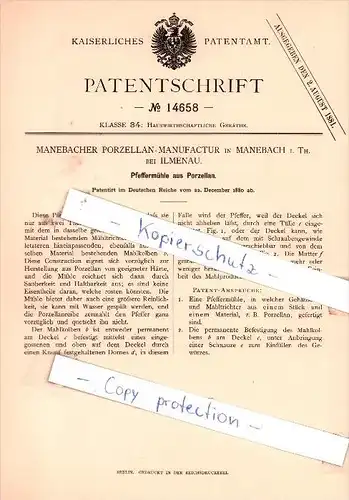 Original Patent - Porzellan-Manufactur in Manebach i. Th. bei Ilmenau , 1880 , Pfeffermühle !!!