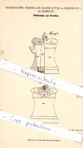 Original Patent - Porzellan-Manufactur in Manebach i. Th. bei Ilmenau , 1880 , Pfeffermühle !!!