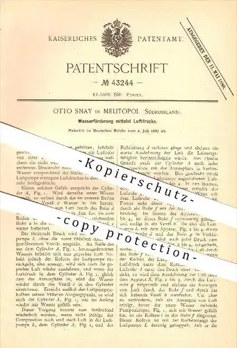 original Patent - Otto Snay in Melitopol , Südrussland , Russland  , 1887 , Wasserförderung mittels Luftdruck , Pumpen !