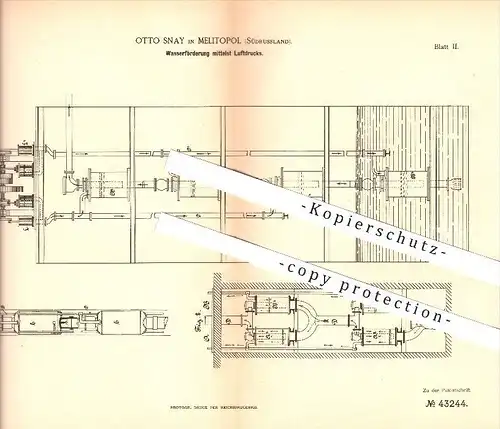 original Patent - Otto Snay in Melitopol , Südrussland , Russland  , 1887 , Wasserförderung mittels Luftdruck , Pumpen !