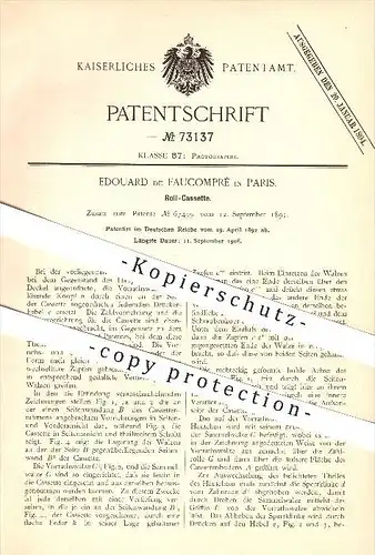 original Patent - Edouard de Faucompré in Paris , 1892 , Roll - Kassette , Fotografie , Photographie , Foto , Fotograf