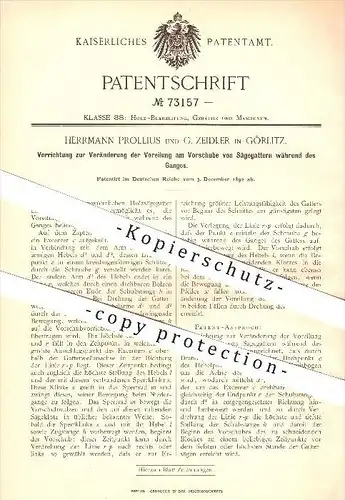 original Patent - Herrmann Prollius & G. Zeidler in Görlitz , 1892 , Sägegatter , Gatter , Säge , Sägen , Holz , Forst