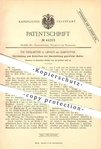 original Patent - Th. Nehlmeyer in Linden , Hannover , 1887 , Umschnürung bei gepressten Ballen , Stroh , Landwirtschaft