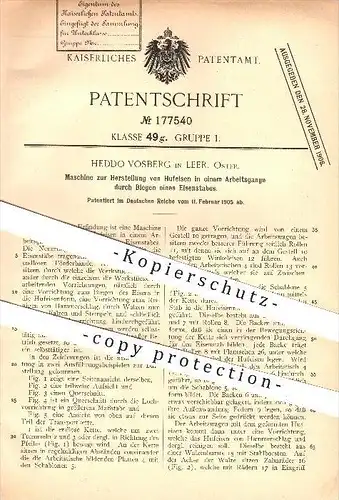 original Patent - Heddo Vosberg in Leer , Ostfriesland , 1905 , Herstellung von Hufeisen , Eisen , Schmied , Pferde !!!