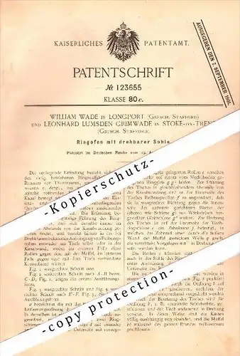 Original Patent - William Wade in Longport , Stafford und L. Grimwade in Stoke-on-Trent , 1899 , Furnace for ceramic !!!