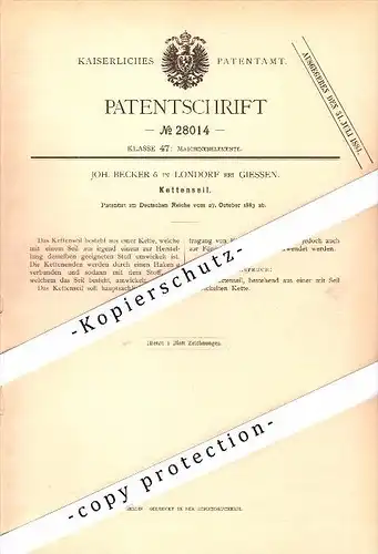 Original Patent - J. Becker in Londorf / Rabenau b. Gießen , 1883 , Kettenseil !!!