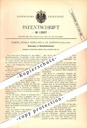 Original Patent - Samule Hazeland in Saint Sampsons , England , 1880 , Wood planing machine !!!
