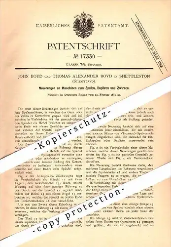 Original Patent - Thomas Boyd in Shettleston , Scotland , 1881 , Machine for spinning !!!