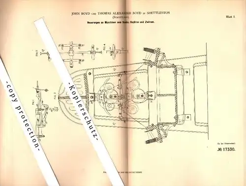 Original Patent - Thomas Boyd in Shettleston , Scotland , 1881 , Machine for spinning !!!