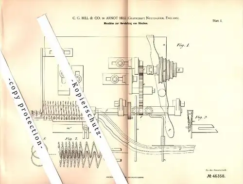 Original Patent - C.G. Hill & Co. in Arnot Hill , Nottingham , 1888 , Machine for making ruffles !!!