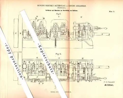 Original Patent - Hofors Hästsko Aktiebolag in Urfors Ashammar , 1885 , Maschine zur Herstellung von Hufeisen !!!