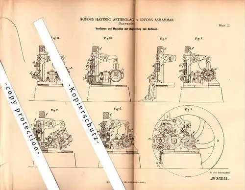 Original Patent - Hofors Hästsko Aktiebolag in Urfors Ashammar , 1885 , Maschine zur Herstellung von Hufeisen !!!