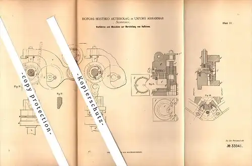 Original Patent - Hofors Hästsko Aktiebolag in Urfors Ashammar , 1885 , Maschine zur Herstellung von Hufeisen !!!