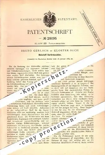 Original Patent - Bruno Gerlach in Kloster-Buch b. Leisnig , 1884 , Holzstoff-Sortiermaschine , Klosterbuch !!!