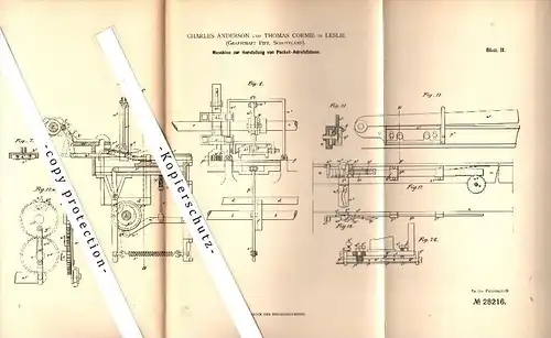 Original Patent -C. Anderson und T. Cormie in Leslie , Fife ,1883, Production of trailers for address packets , scotland
