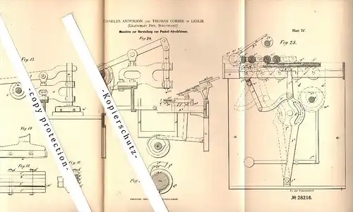 Original Patent -C. Anderson und T. Cormie in Leslie , Fife ,1883, Production of trailers for address packets , scotland